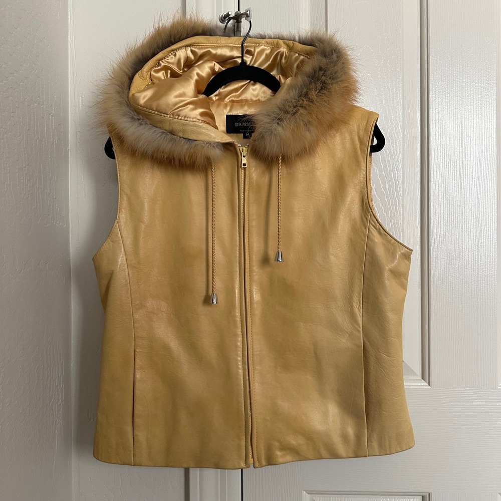 Damselle New York Leather Hooded Vest with Real Fur Trim -‎ Tan/Gold - Size M